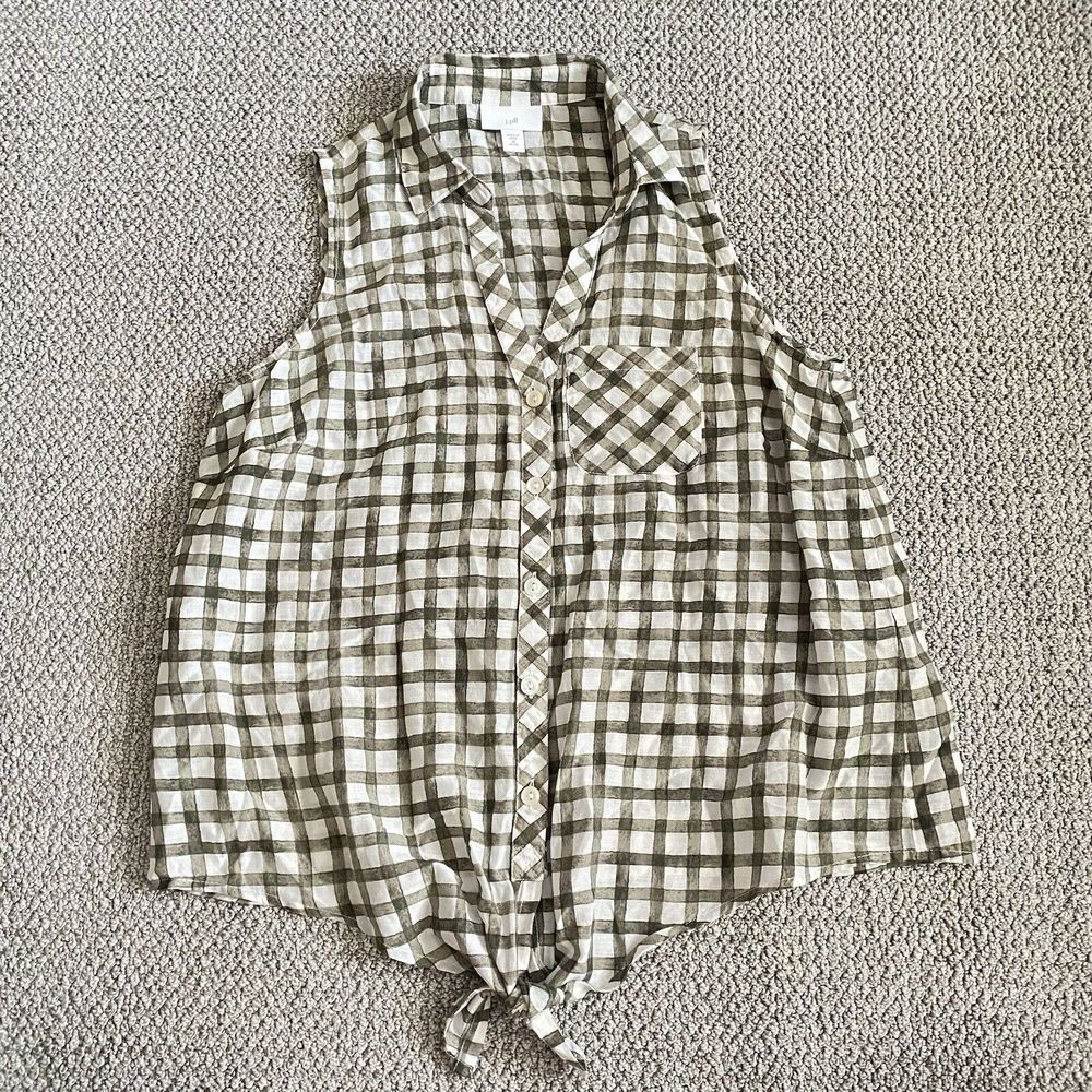 J Jill Top Womens XS Petite Green White Checkered Sheer Silk Blend Front Tie